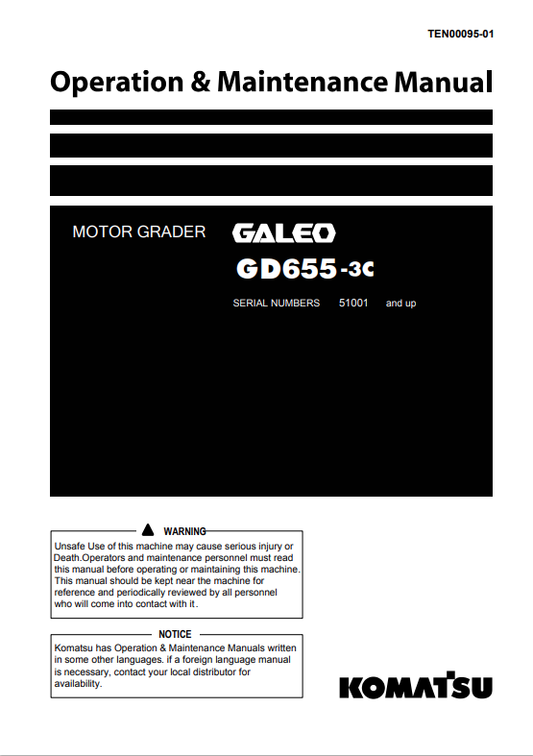 Komatsu GD655-3C Motor Grader Operation And Maintenance Manual 50001-UP - PDF File