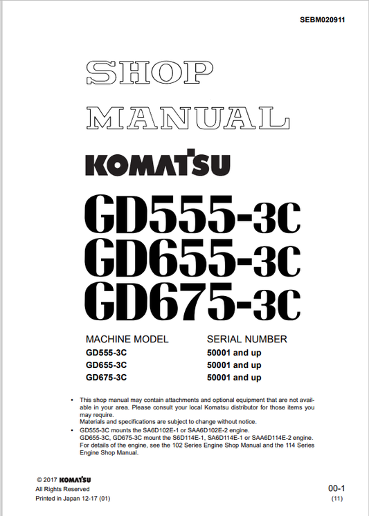 Komatsu GD655-3C Motor Grader Shop Manual S/N B15001-UP - PDF File