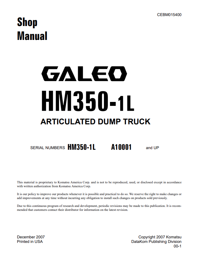 Komatsu Galeo HM350-1L Articulated Dump Truck Service Manual CEBM015400