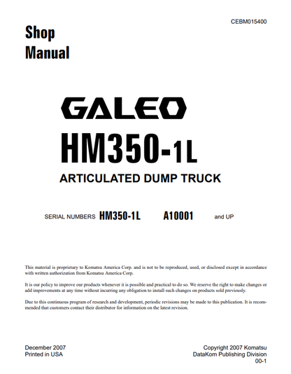 Komatsu Galeo HM350-1L Articulated Dump Truck Service Manual CEBM015400