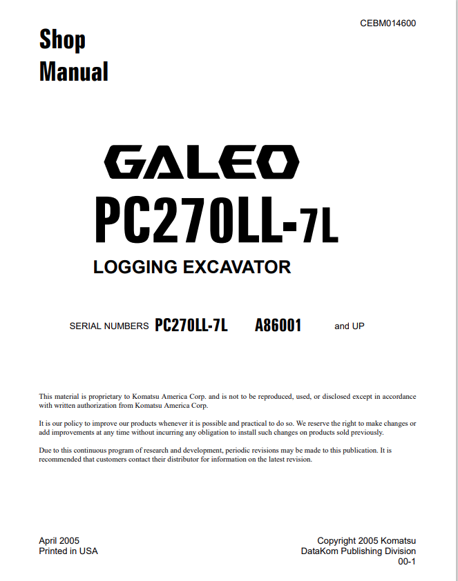 Komatsu Galeo PC270LL-7L Logging Excavator Shop Manual CEBM014600