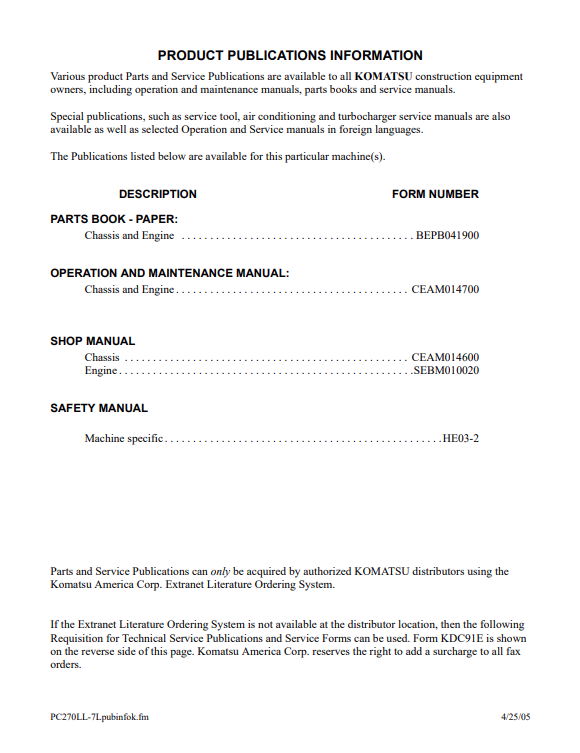 Komatsu Galeo PC270LL-7L Service and Repair Manual