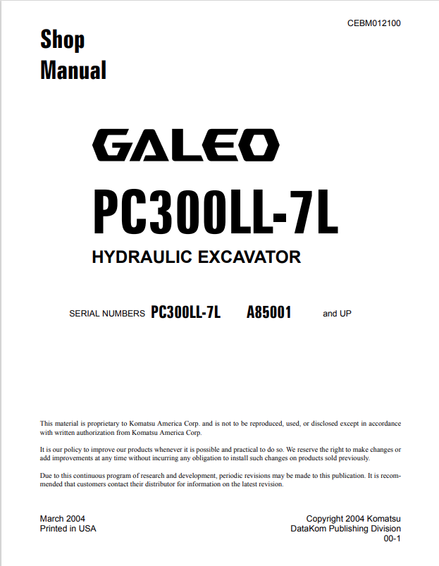 Komatsu Galeo PC300LL-7L Hydraulic Excavator Shop Manual CEBM012100