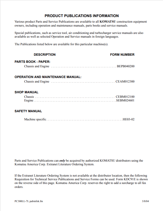 Komatsu Galeo PC300LL-7L Workshop and Maintenance Manual
