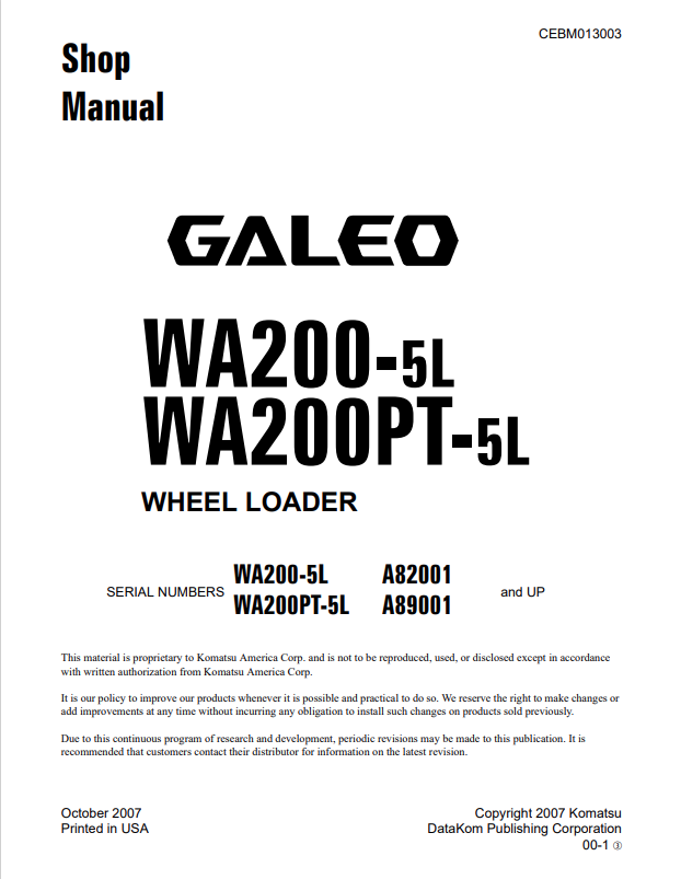 Komatsu Galeo WA200-5L WA200PT-5L Service Manual CEBM013003