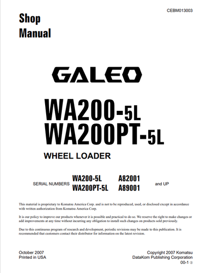 Komatsu Galeo WA200-5L WA200PT-5L Service Manual CEBM013003