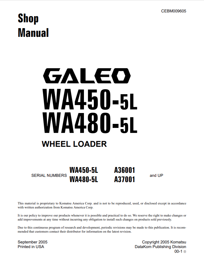 Komatsu Galeo WA450-5L WA480-5L Wheel Loader Shop Manual CEBM009605 PDF