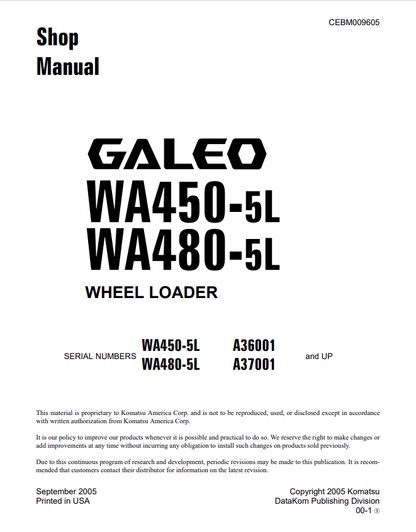 Komatsu Galeo WA450-5L WA480-5L Wheel Loader Shop Manual CEBM009605 PDF