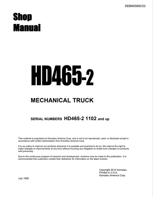 Komatsu HD465-2 Rigid Dump Truck Shop Manual S/N 1102-UP - PDF File
