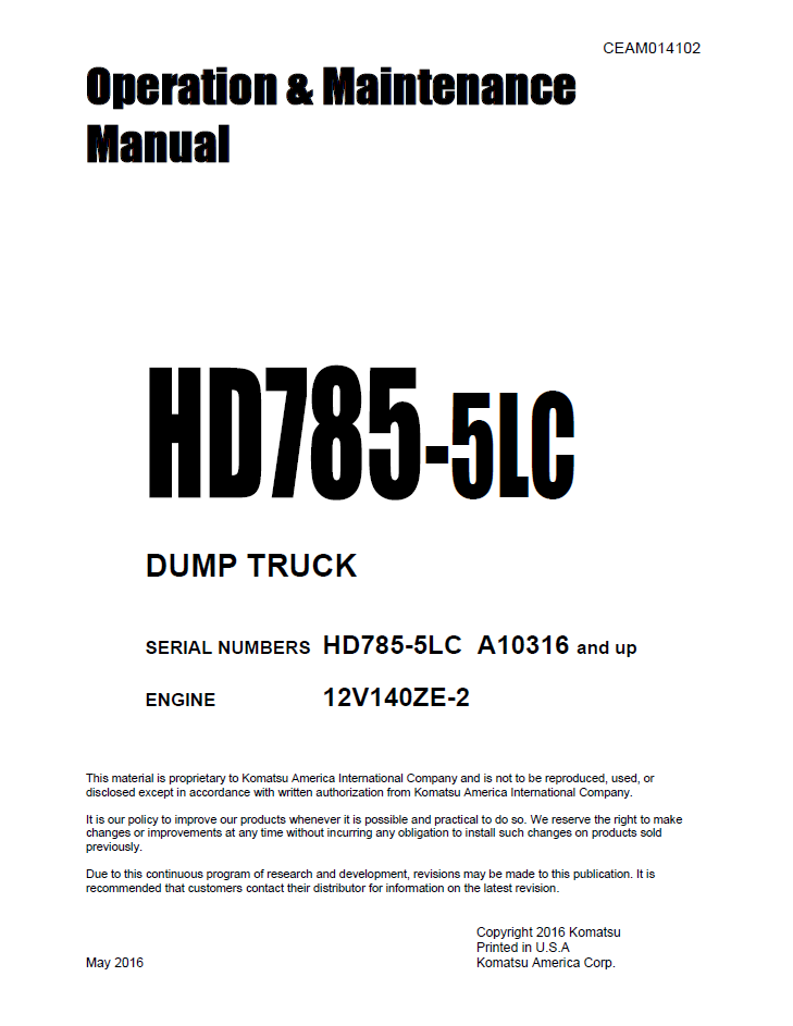 Komatsu HD785-5LC Dump Truck Manual CEAM014102