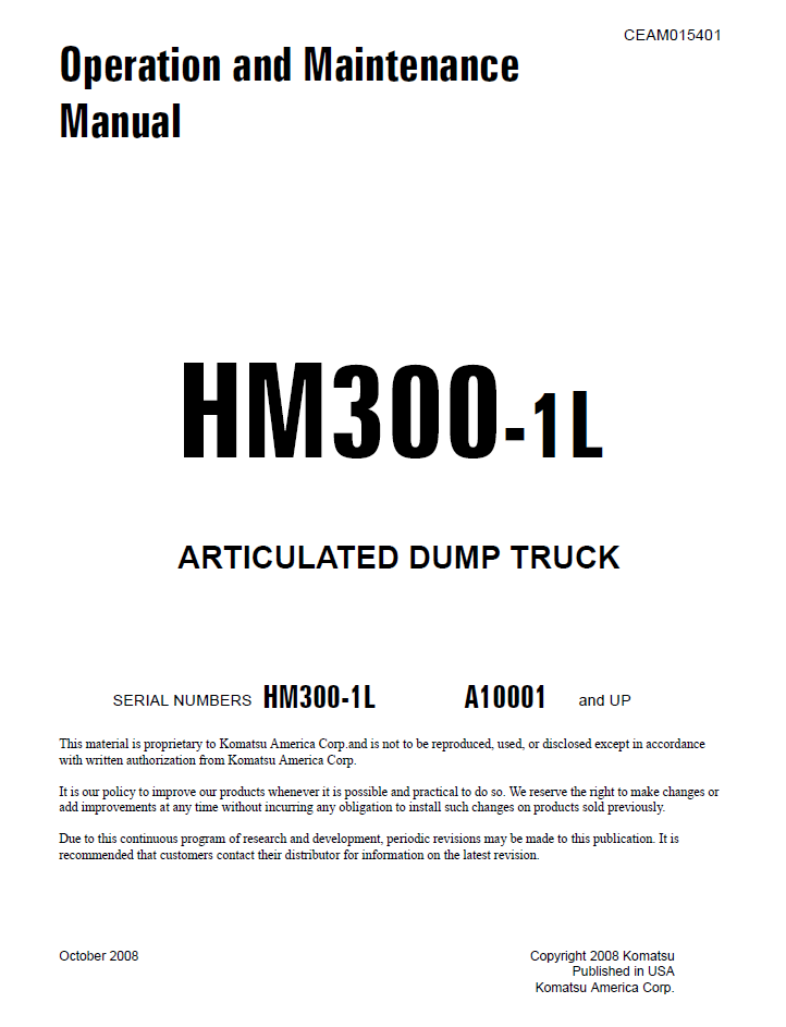 Komatsu HM300-1L Articulated Dump Truck Manual CEAM015401