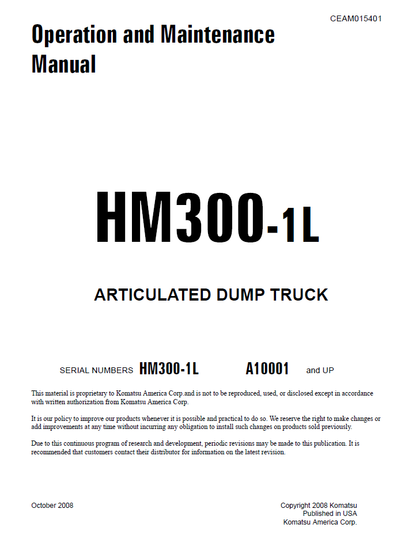 Komatsu HM300-1L Articulated Dump Truck Manual CEAM015401