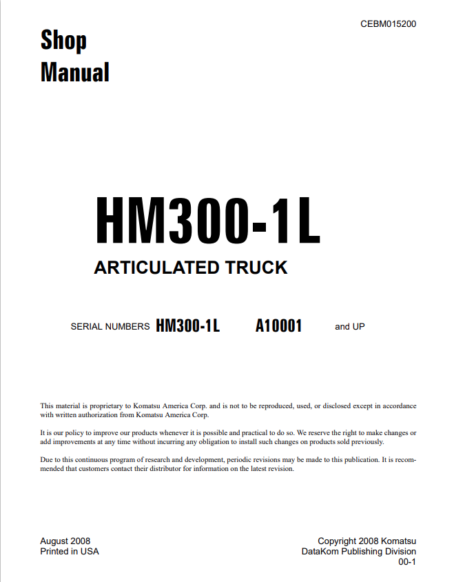 Komatsu HM300-1L Articulated Truck Service Manual CEBM015200