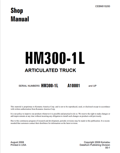 Komatsu HM300-1L Articulated Truck Service Manual CEBM015200