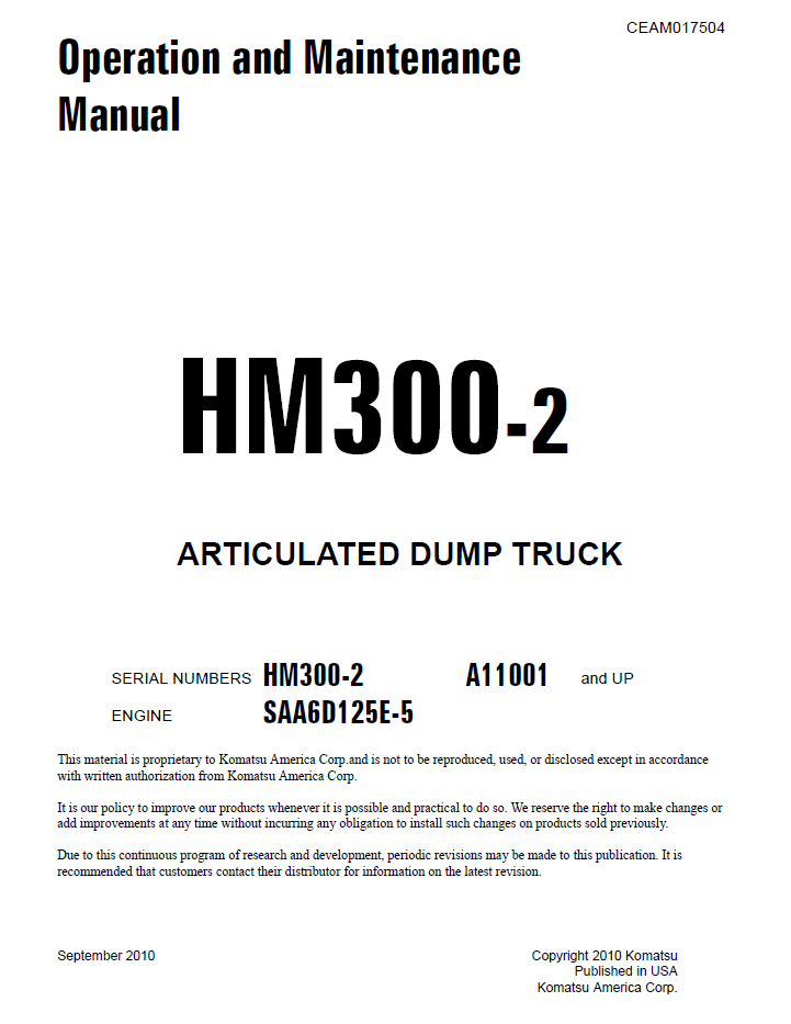 Komatsu HM300-2 Articulated Dump Truck Manual CEAM017504
