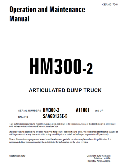 Komatsu HM300-2 Articulated Dump Truck Manual CEAM017504