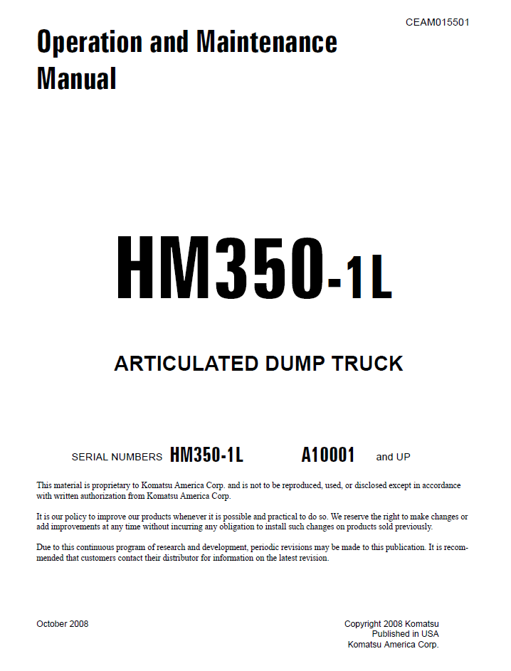 Komatsu HM350-1L Articulated Dump Truck Manual CEAM015501