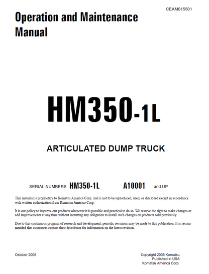 Komatsu HM350-1L Articulated Dump Truck Manual CEAM015501