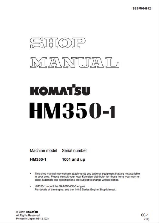 Komatsu HM350-1 Agricultural Dump Truck Sn 1001-Up Shop Manual - PDF File