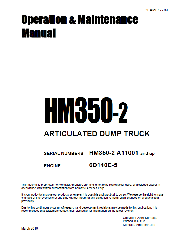 Komatsu HM350-2 Articulated Dump Truck Manual CEAM017704