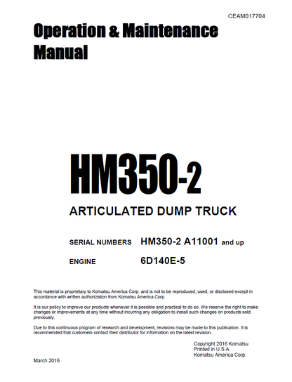 Komatsu HM350-2 Articulated Dump Truck Manual CEAM017704