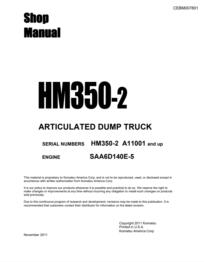 Komatsu HM350-2 Articulated Dump Truck Shop Manual CEBM007801 PDF