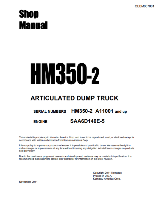 Komatsu HM350-2 Shop Articulated Dump Truck Manual SN A11001-UP (CEBM007801) - PDF File
