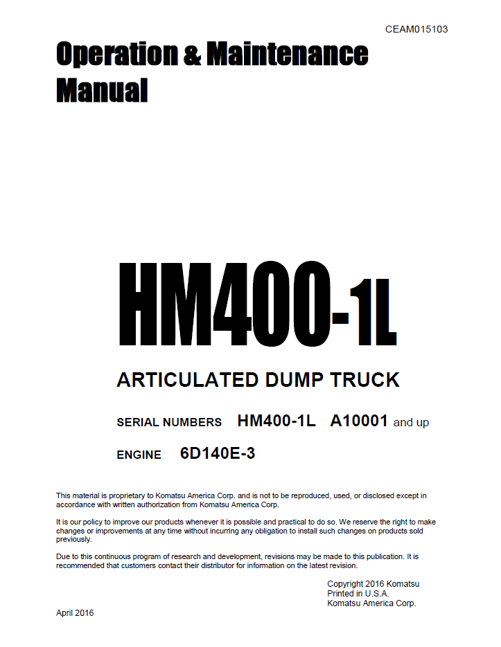 Komatsu HM400-1L Articulated Dump Truck Manual CEAM015103