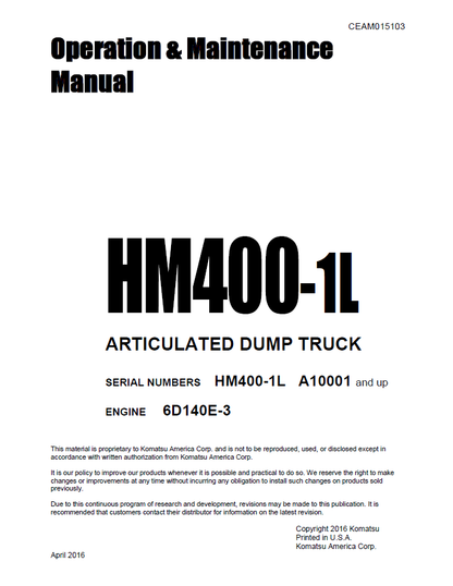 Komatsu HM400-1L Articulated Dump Truck Manual CEAM015103