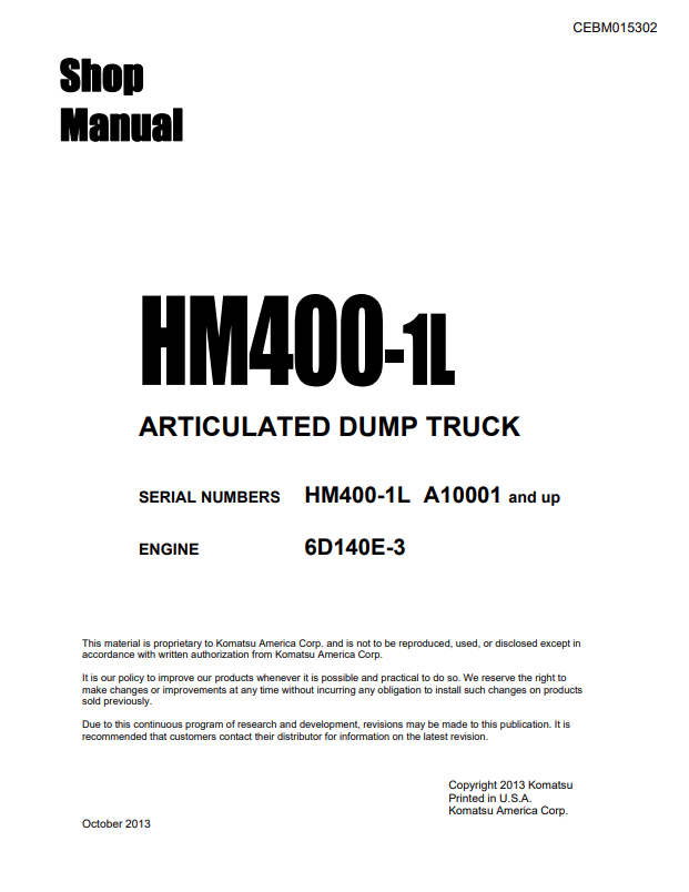 Komatsu HM400-1L Articulated Dump Truck Service Manual CEBM015302