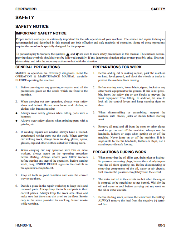 Komatsu HM400-1L Articulated Dump Truck Troubleshooting Manual