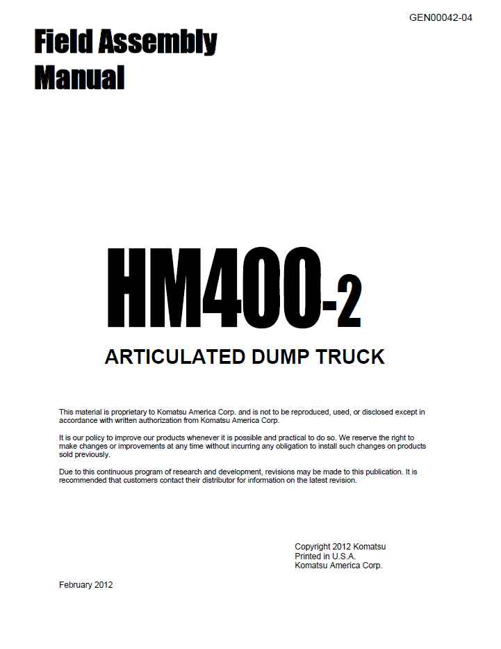 Komatsu HM400-2 Articulated Dump Truck Field Assembly Manual GEN00042-04