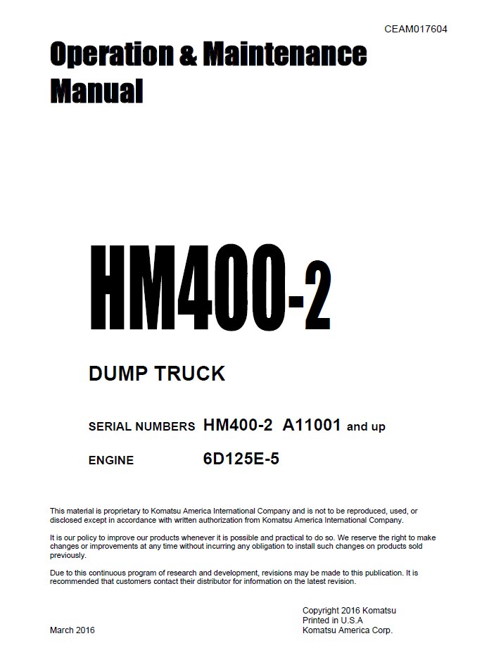Komatsu HM400-2 Dump Truck Operation Manual CEAM017604