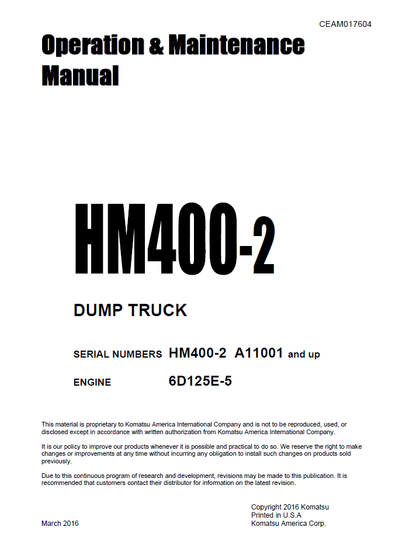 Komatsu HM400-2 Dump Truck Operation Manual CEAM017604
