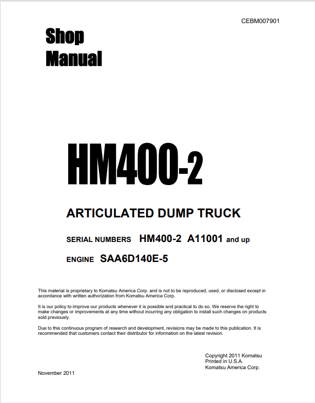 Komatsu HM400-2 (USA) Agricultural Dump Truck Sn A11001-Up Shop Manual - PDF File