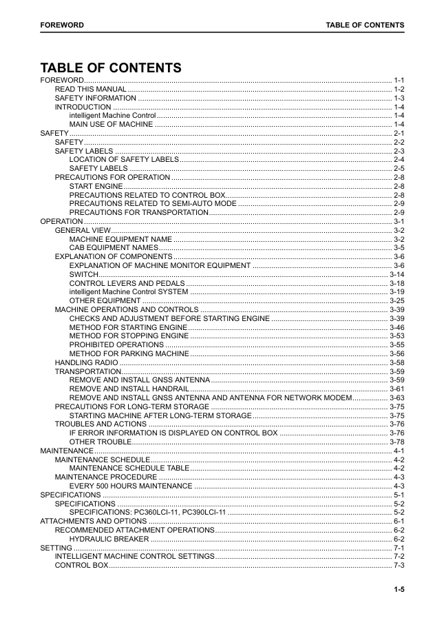 Komatsu Hydraulic Excavator Operation & Maintenance Manual for PC360LCI-11 and PC390LCI-11