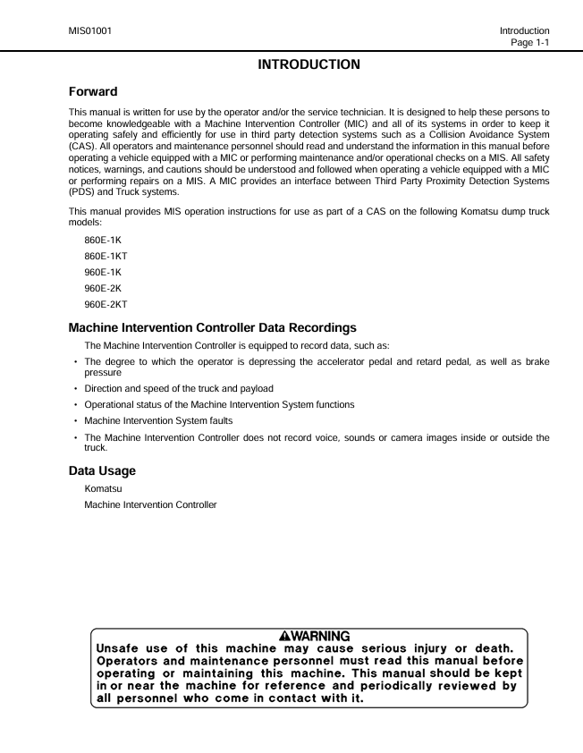 Komatsu Mining Truck Intervention System Operation & Maintenance Guide