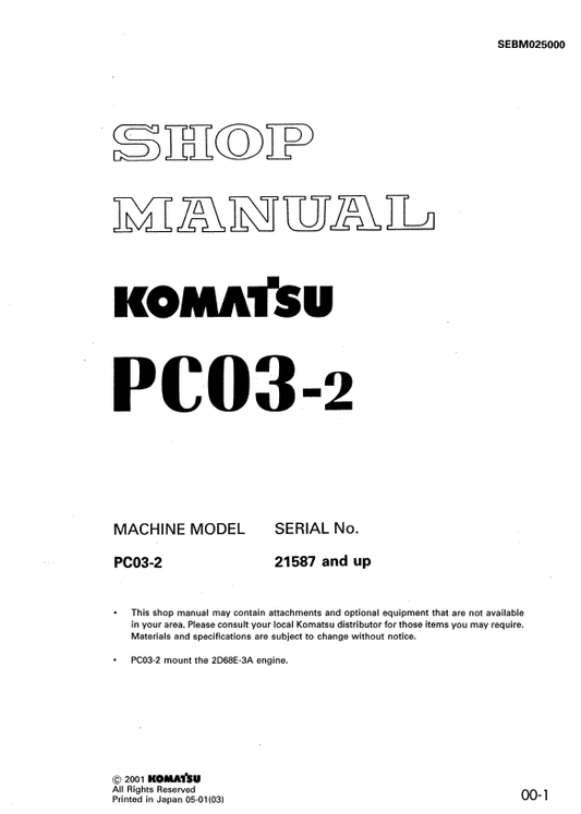 Komatsu PC03-2 Hydraulic Excavator Service Repair Manual - PDF File