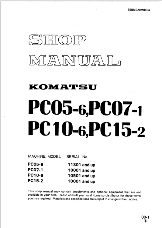 Komatsu PC05-6, PC07-1, PC10-6, PC15-2 Excavator Shop Manual - PDF File