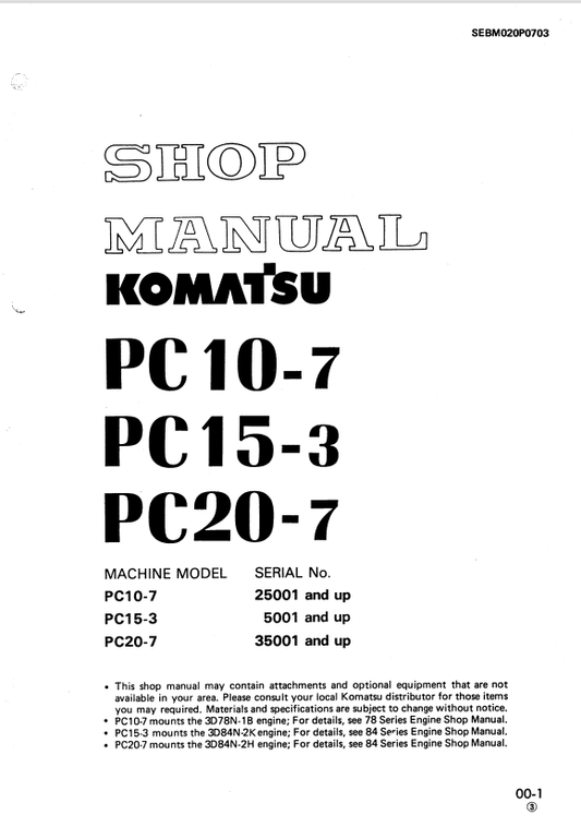 Komatsu PC10-7, PC15-3, PC20-7 Hydraulic Excavator Shop Manual 25001, 5001, 35001 and Up - PDF File