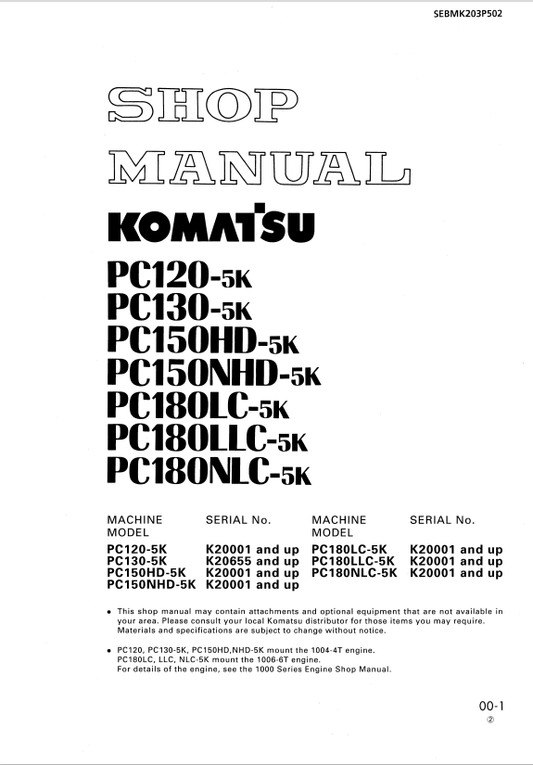 Komatsu PC120-5K PC130-5K PC150-5K PC180-5K Shop Manual PDF