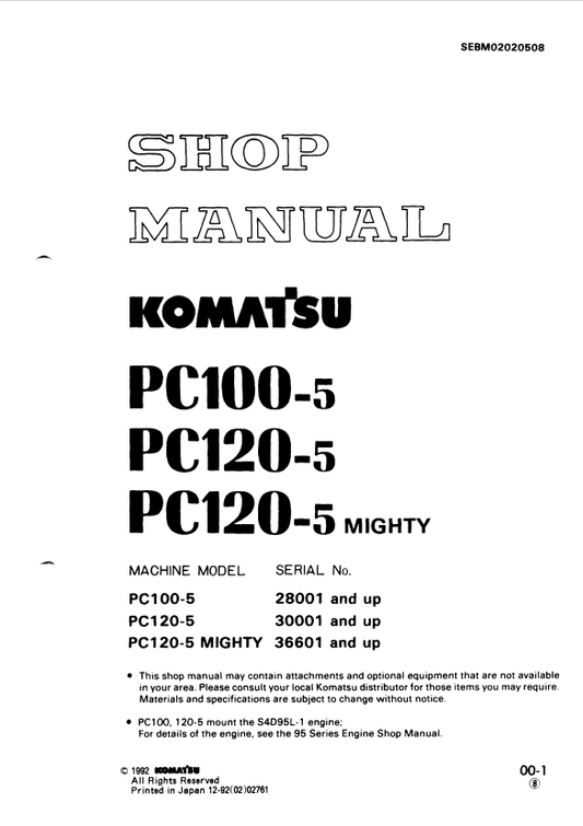 Komatsu PC120-5, PC100-5 Excavator Shop Manual S/N 30001-UP - PDF File