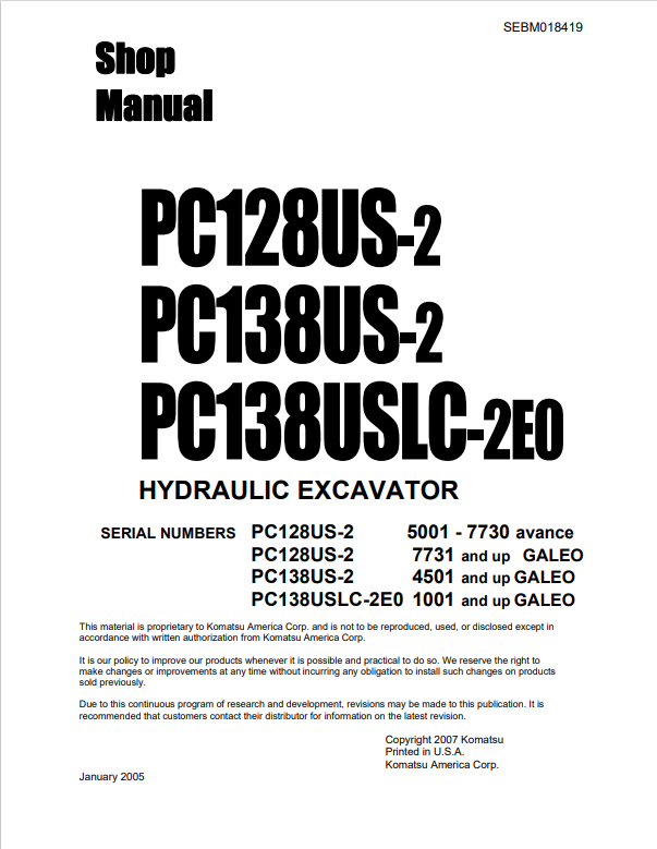 Komatsu PC128US-2 PC138US-2 PC138USLC-2E0 Shop Manual PDF