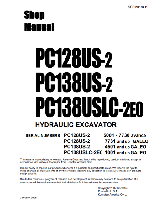Komatsu PC128US-2 PC138US-2 PC138USLC-2E0 Shop Manual PDF