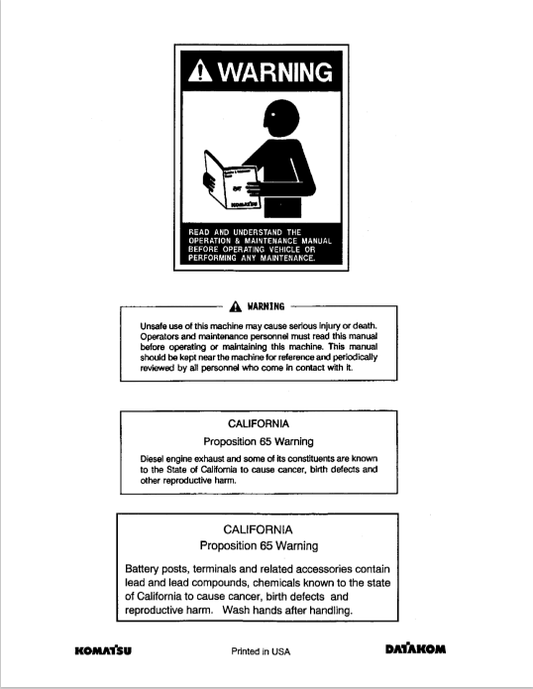Komatsu PC128UU-1 Hydraulic Excavator Operator Manual S/N 1001-Up