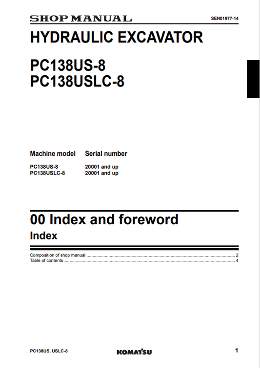 Komatsu PC138US-8 & PC138USLC-8 Hydraulic Excavator Shop Manual