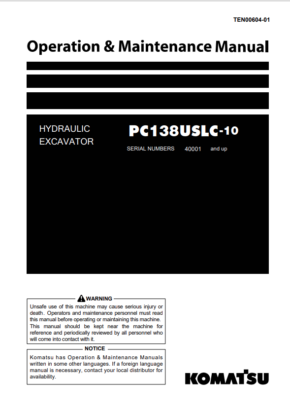 Komatsu PC138USLC-10 Hydraulic Excavator Operation & Maintenance Manual