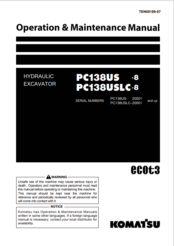 Komatsu PC138USLC-8 Excavator Operation & Maintenance Manual