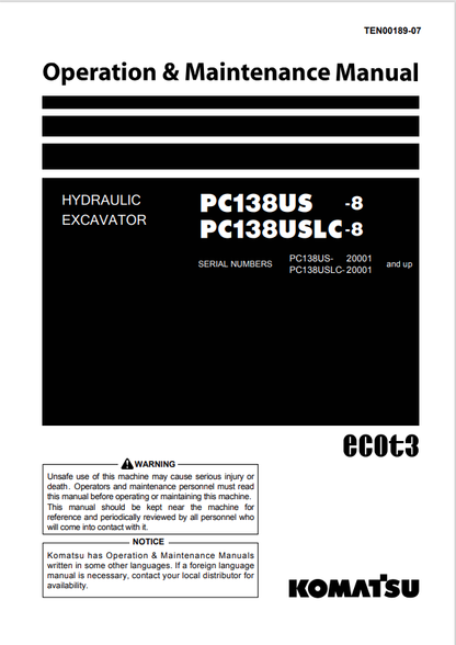 Komatsu PC138USLC-8 Excavator Operation & Maintenance Manual