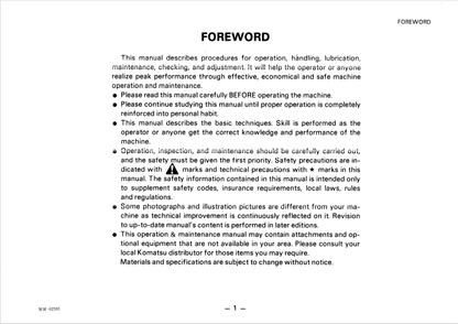 Komatsu PC150-3 Hydraulic Excavator Operator Manual S/N 3001-UP